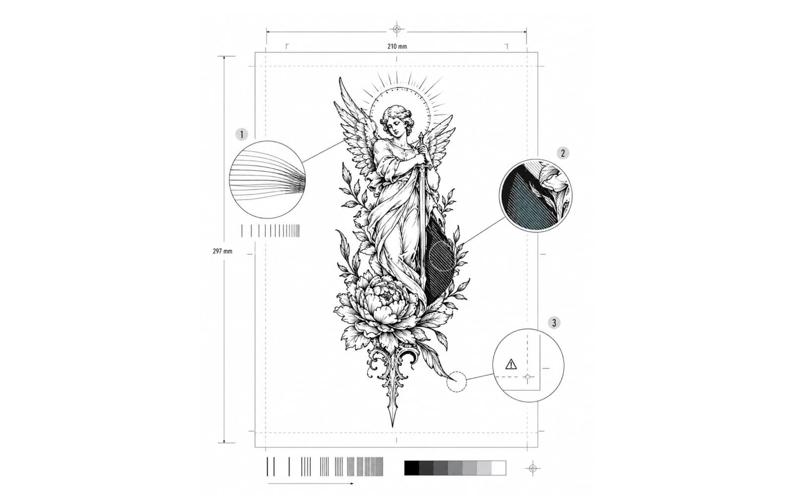 Tattoo stencil print checker showing file-side print findings and visual analysis