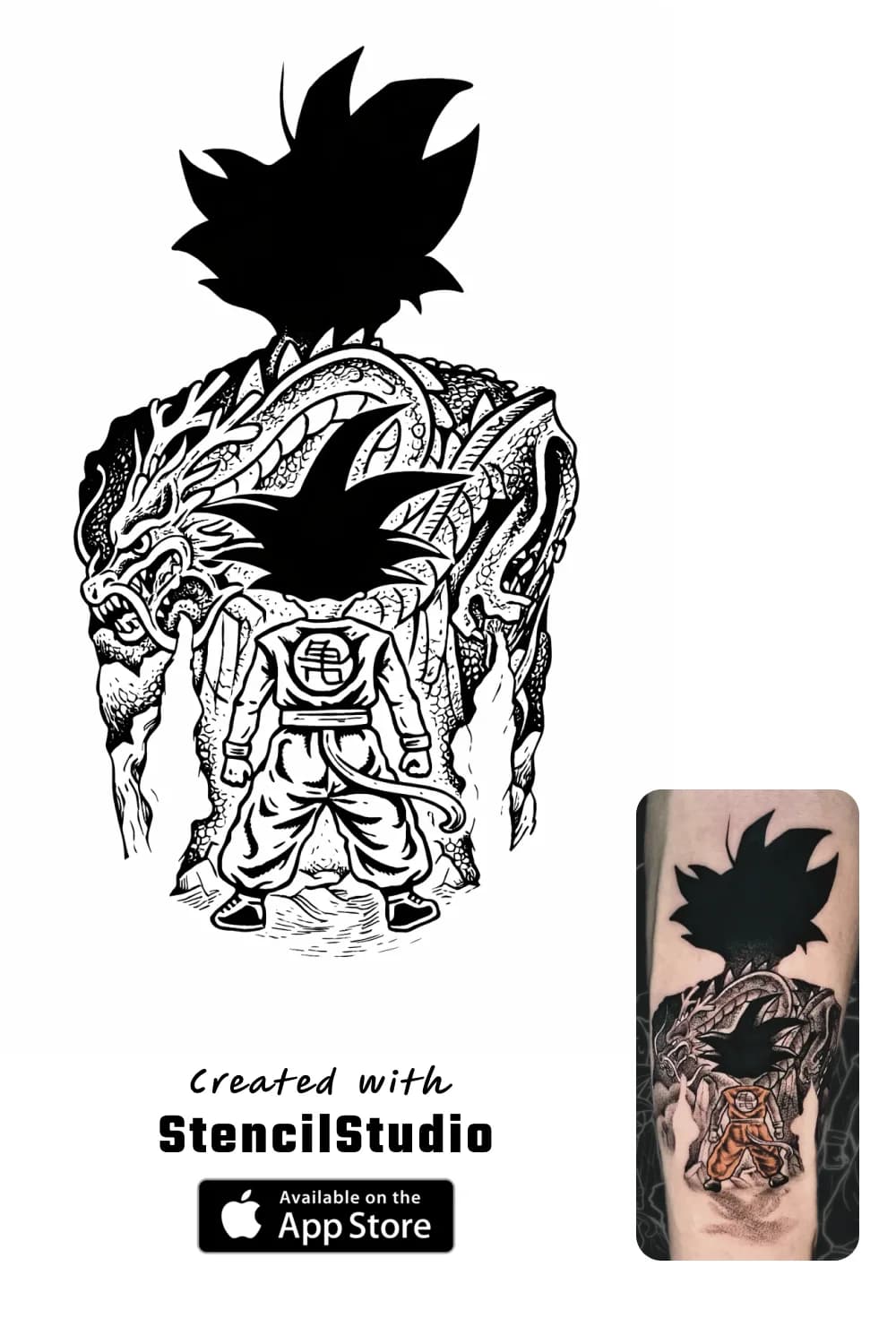 Fantasy Tattoo Stencil Group example featuring goku and dragon linework and readable silhouette