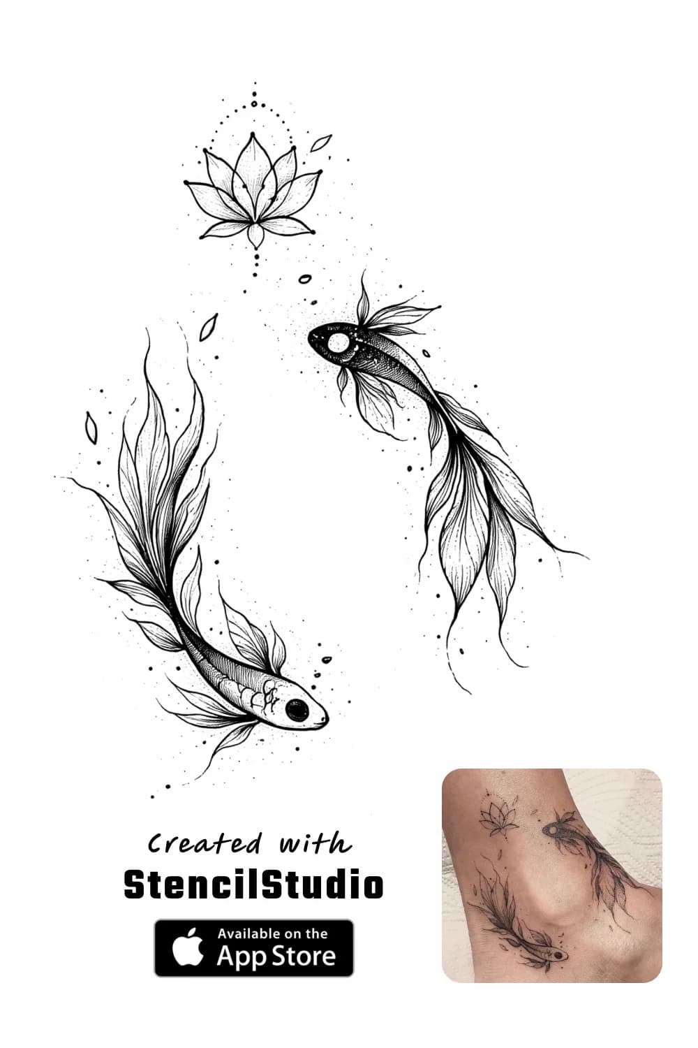 Floral tattoo stencil example featuring lotus and fish linework with readable flow
