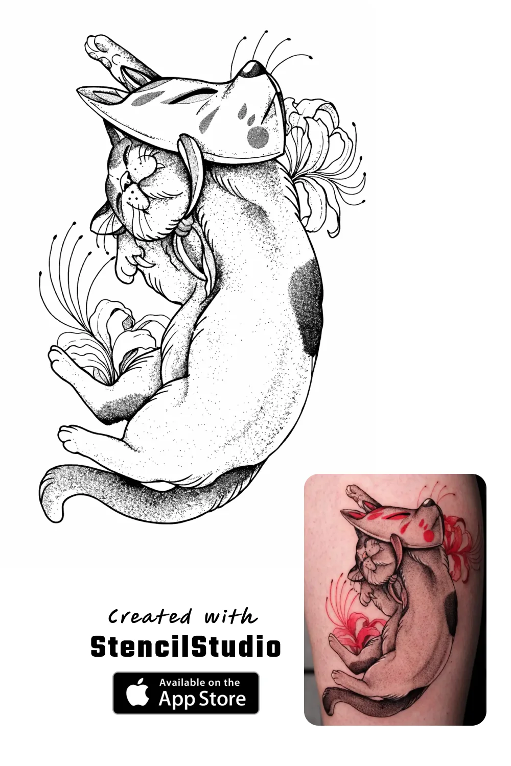 Animal Tattoo Stencil Group example featuring cat linework and readable silhouette