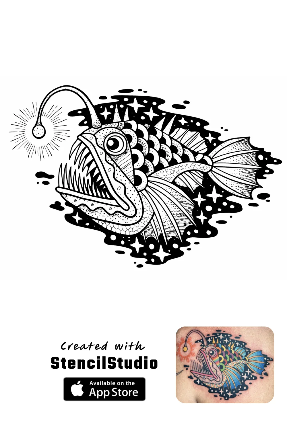 Animal Tattoo Stencil Group example featuring anglerfish linework and readable silhouette