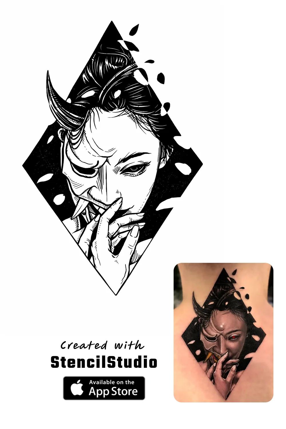Anime Tattoo Stencil Group example featuring oni portrait linework and readable silhouette