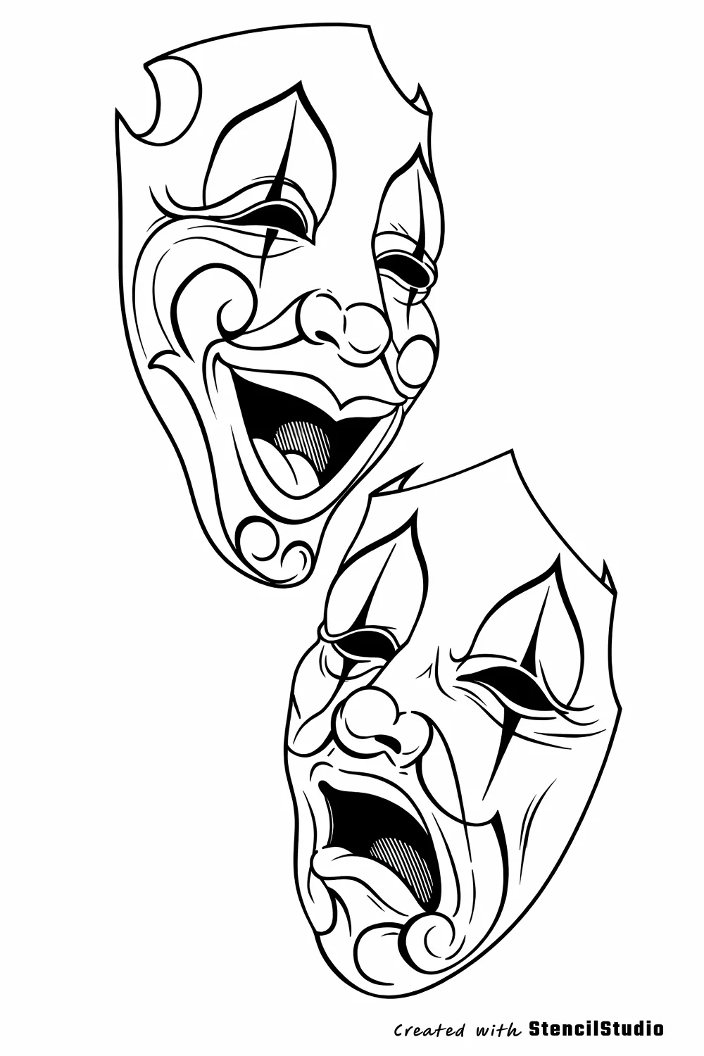 Symbol Tattoo Stencil Group example featuring theater masks linework and readable silhouette