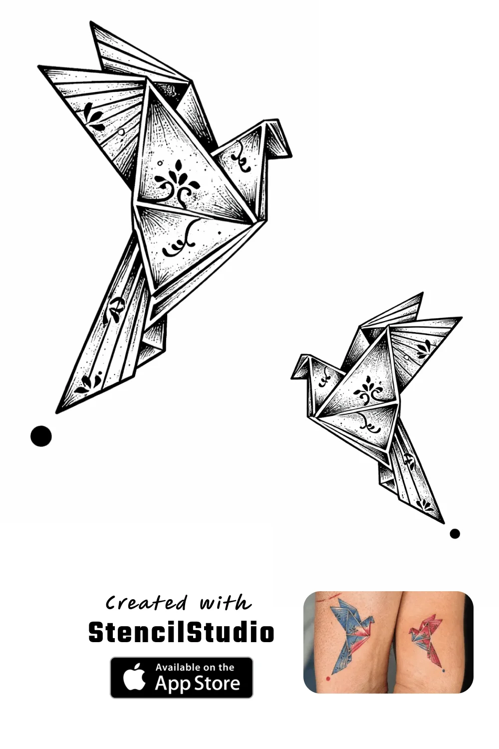 Symbol Tattoo Stencil Group example featuring origami birds linework and readable silhouette